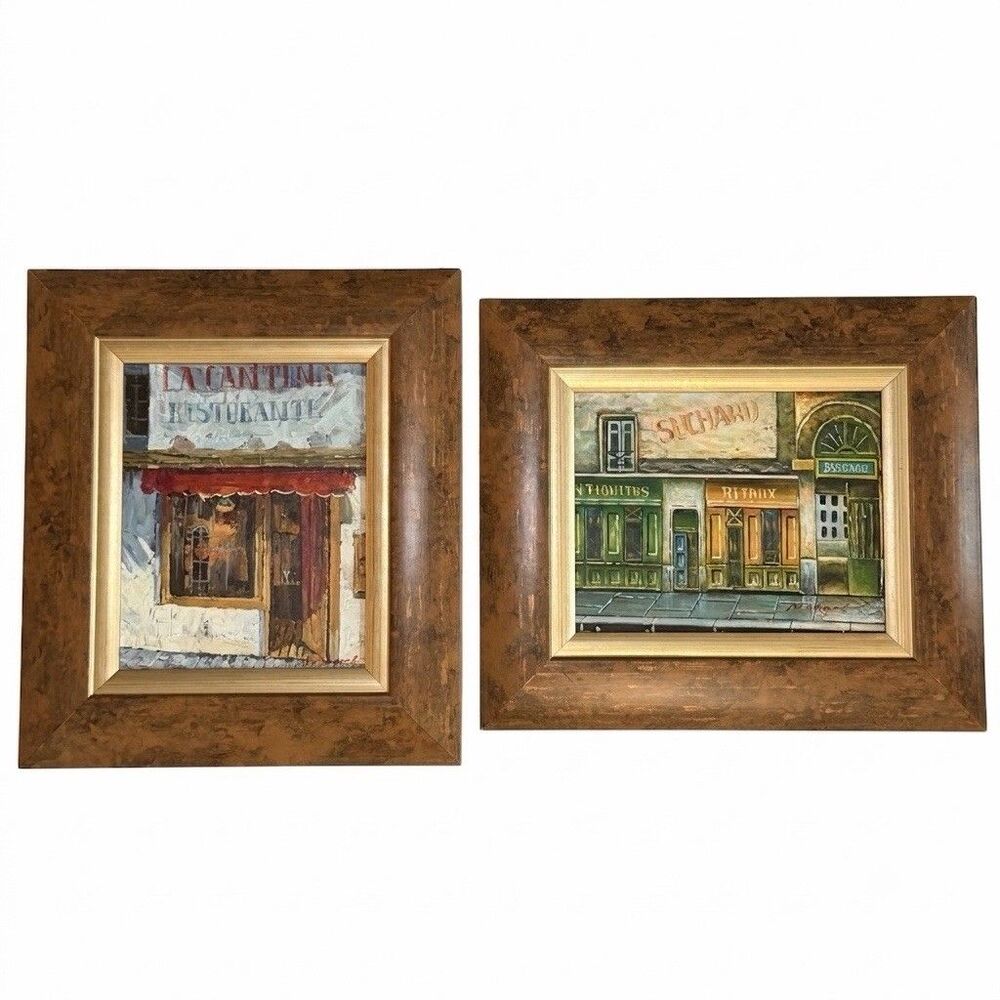 VTG Mariel Chapot Impasto Oil Painting Pair Mid-Century European Cafe Storefront